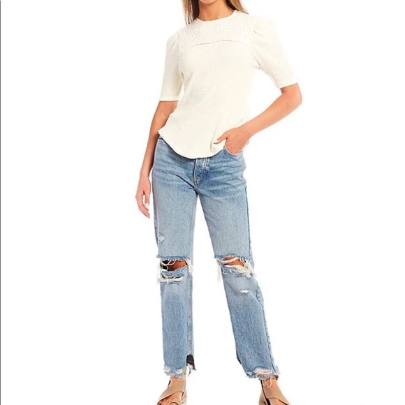 Free People Tops - Free People We the Free Ivory Recycled Cotton Ribbed Smocked Crewneck Top XL